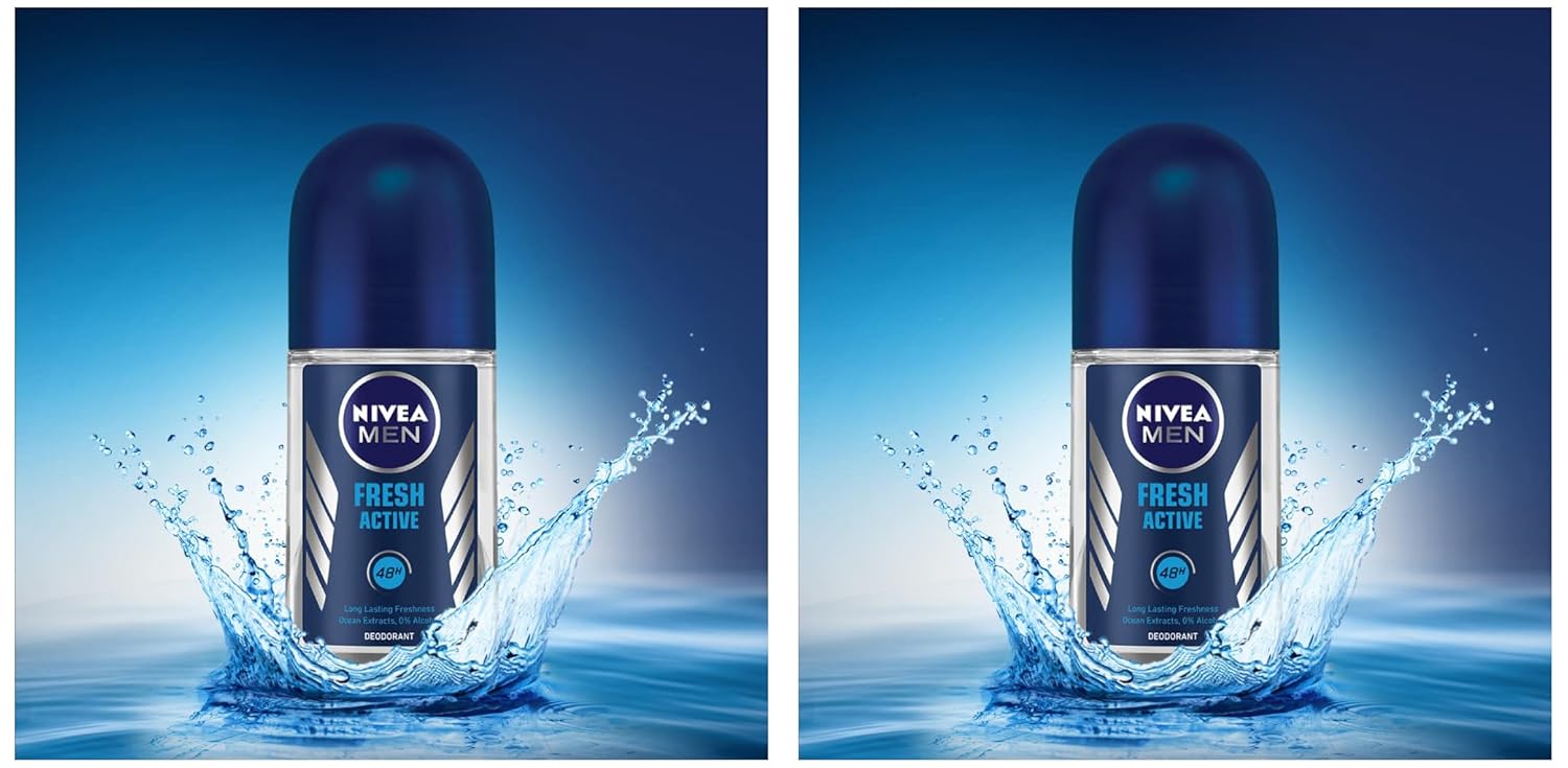 NIVEA MEN Fresh Active 50ml Deo Underarm Roll On | With Fresh Ocean Extracts Scent| 72 H Freshness| 0% Alcohol | Dermatologically Approved & Paraben Free Formula