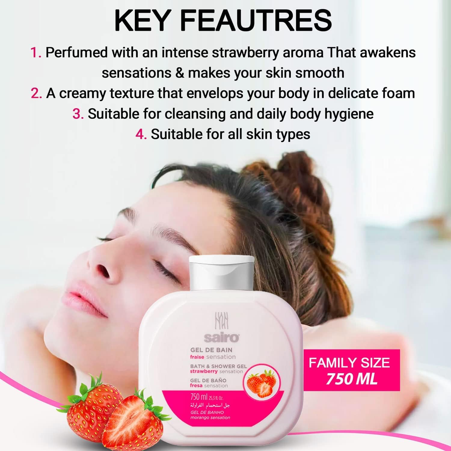 Sairo Strawberry Bath & Shower Gel 750ml - Nourishing, All Skin Types