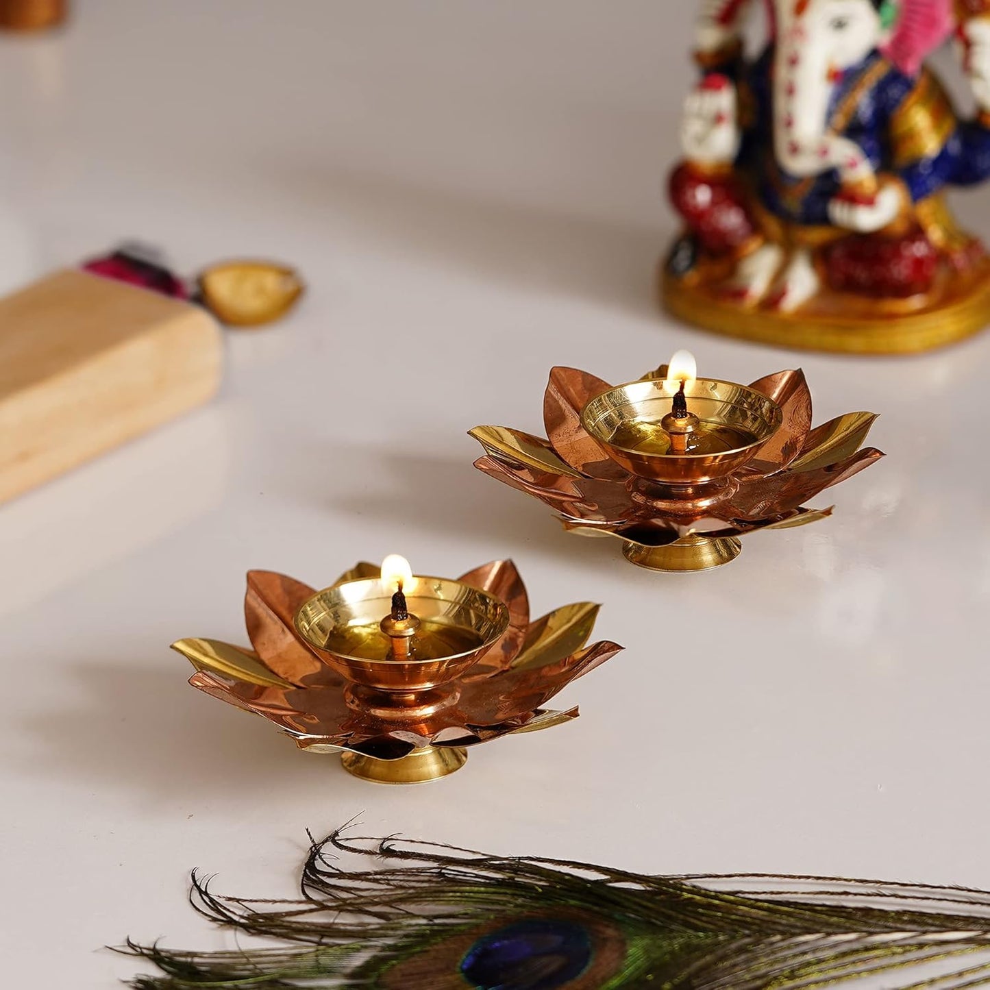 eCraftIndia Golden Lotus Flower Shape Decorative Brass Diya for Diwali Pooja | Diwali Diya for Puja | Housewarming, Diwali Gift Item | Diwali Decoration Items for Home Decor
