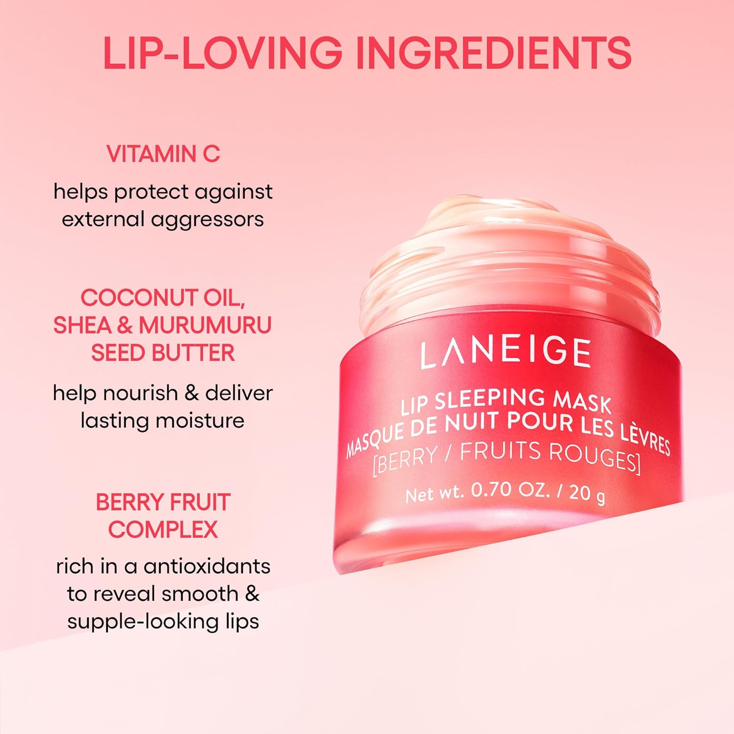 Laneige Lip Sleeping Mask | Moisturizing Lip Treatment with Vitamin C + Shea Butter for Soft Hydrated Lips | Overnight Repair | Lip Balm For Dry Chapped Lips| Lasting Hydration