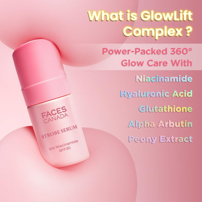 FACES CANADA Strobe Serum - 27ml | Brigtening Serum + Strobe Cream + SPF 30 Sunscreen | 10% Niacinamide | Removes Dark Spots & Hyperpigmentation | GlowLift Complex | Instant Glow