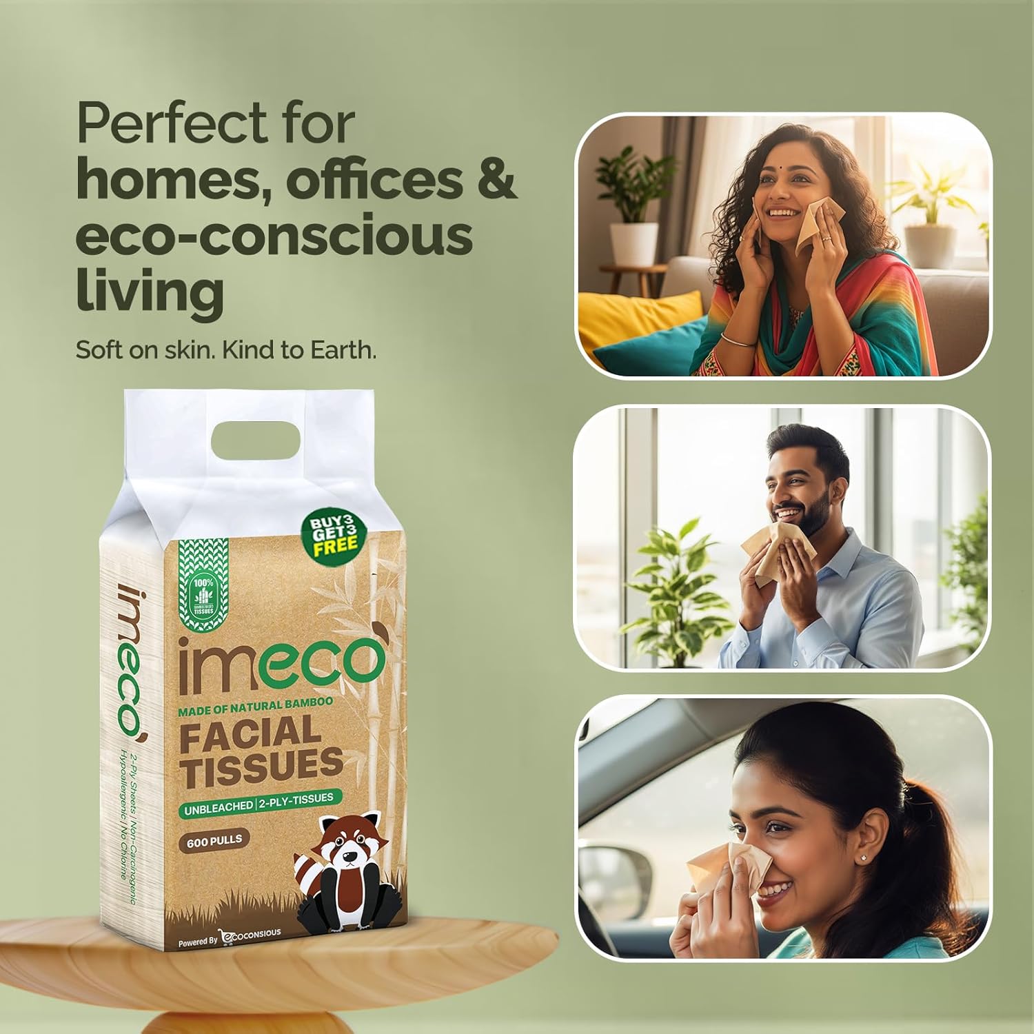IMECO Bamboo Facial Tissues 600 Pulls 2-Ply Soft Eco-Friendly Pack of 6