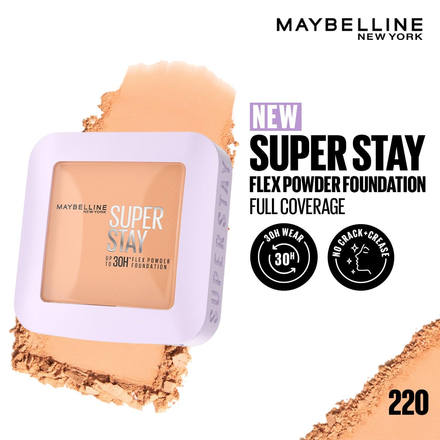 Maybelline New York Super Stay Flex Powder Foundation, 220, Full Coverage, 30H Flexible Wear, Oil-Control Transfer Proof, Waterproof & Sweatproof, 9g
