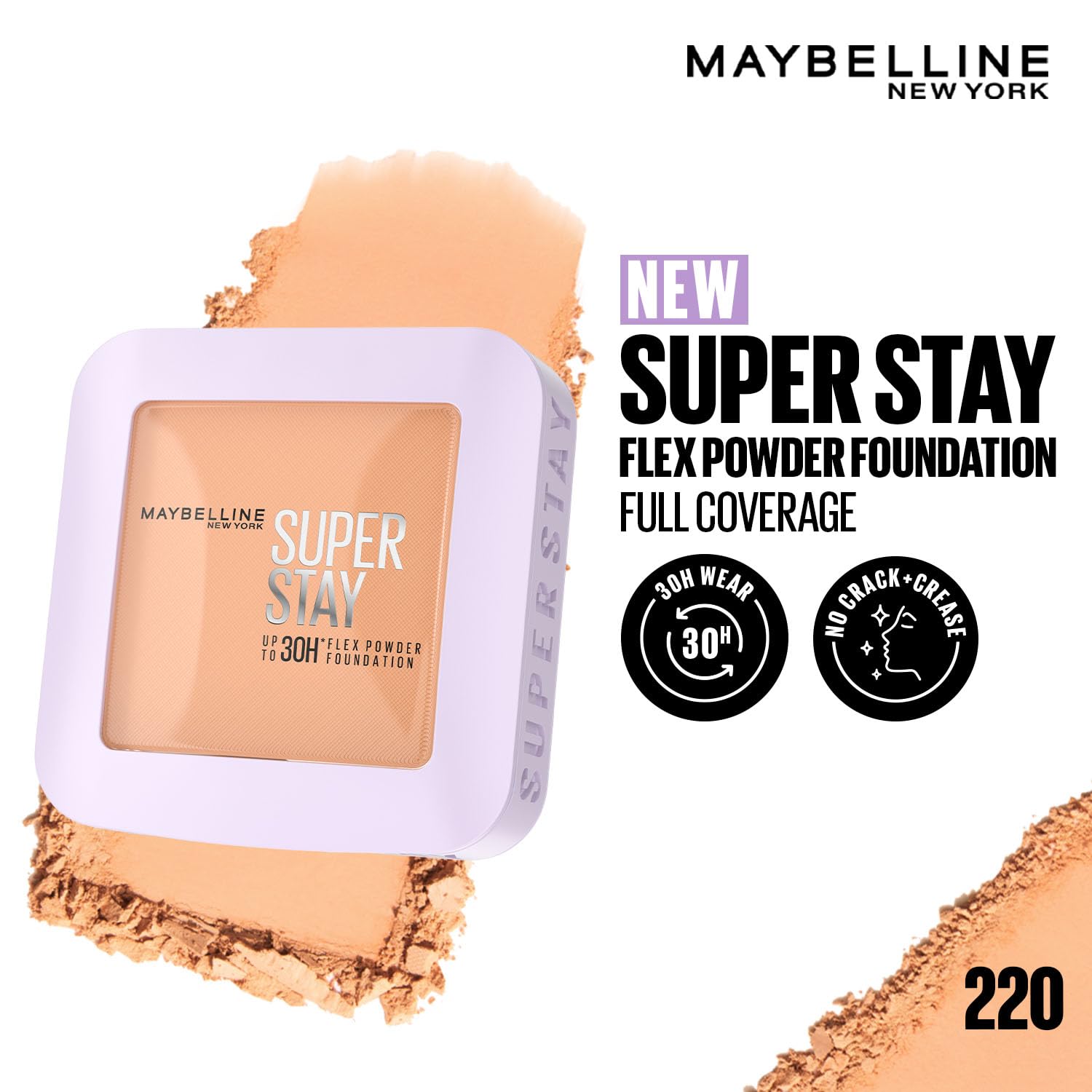 Maybelline New York Super Stay Flex Powder Foundation, 220, Full Coverage, 30H Flexible Wear, Oil-Control Transfer Proof, Waterproof & Sweatproof, 9g