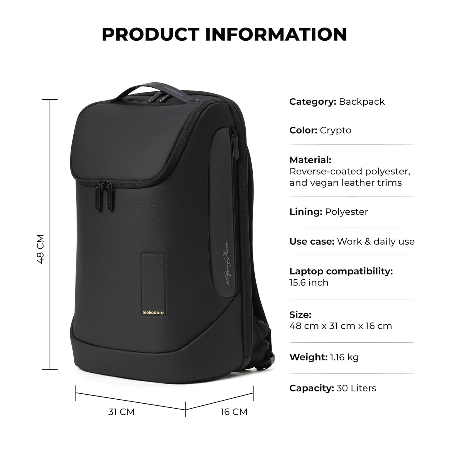 MOKOBARA Transit Backpack | Fits Laptop Up to 16 Inch, 30L Capacity, Water-Resistant Polyester, Vegan Leather Trims | Black,Money Moves - 2.0