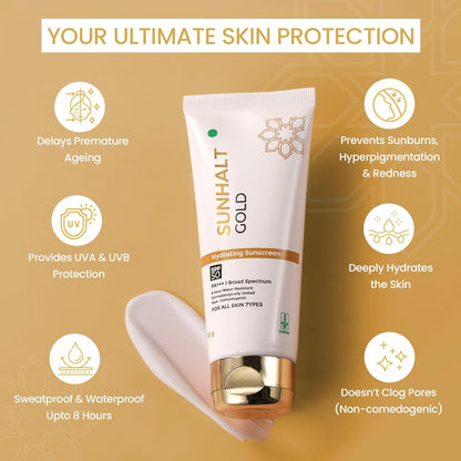 GOLD Sunscreen SPF 50 PA+++ for UV Broad Spectrum Protection, Hydrating Gel With Aloe Vera, No White Cast, Water Resistant, Dermatologically Tested, For Men and Women, All Skin Types, 50g.