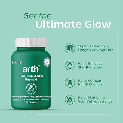 Arth Biotin Capsules for Hair Growth | With Keratin Builder, Hyaluronic Acid & Essential Vitamins | Strengthens Hair, Skin & Nails | Promotes Shine, Volume & Reduced Hair Fall | Daily Hair Care Supplement | 60 Veg Capsules