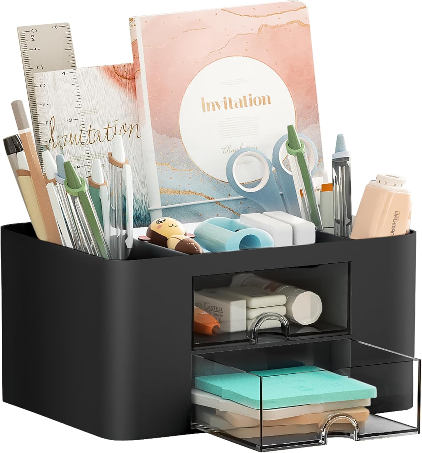SHUTTLE ART Modern Desk Storage Organizer Box with 2 Drawers –Stackable Desk Organizer with Pen Holder and 5 Compartments – Perfect for Office, Home, School, Art Supplies, Crafts, and Stationery(Blue)