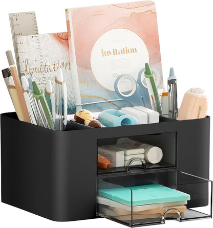 SHUTTLE ART Modern Desk Storage Organizer Box with 2 Drawers –Stackable Desk Organizer with Pen Holder and 5 Compartments – Perfect for Office, Home, School, Art Supplies, Crafts, and Stationery(Blue)
