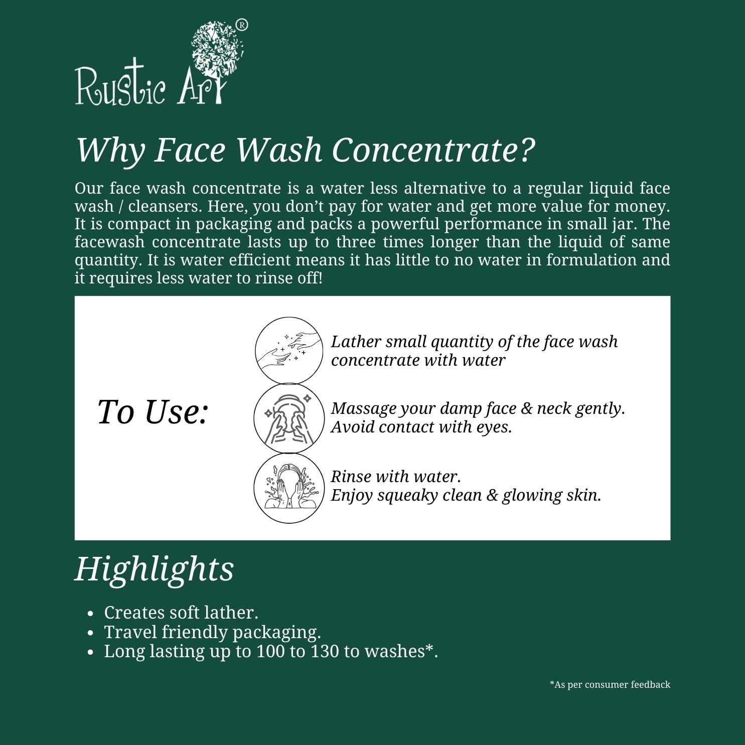 Rustic Art Neem Basil Face Wash Concentrate | Acne & Pimple Control | Deep Cleansing 3X Long Lasting Gel | Organic & Herbal | Sulphate & Paraben Free | Best for Oily & Acne-Prone Skin | 50g