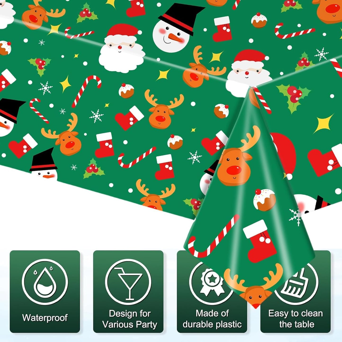 Green Christmas Tablecloth 137x274cm - Durable, Wipe-Clean Holiday Cover