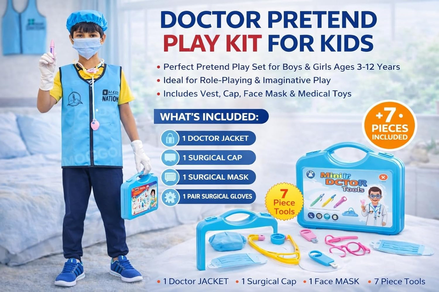 HALO NATION® Doctor Pretend Play Kit for Kids | Dress-Up Jacket, Cap, Mask, Gloves and Foldable Suitcase Tool kit with 7 Pretend Tools, (3–12 Yrs)