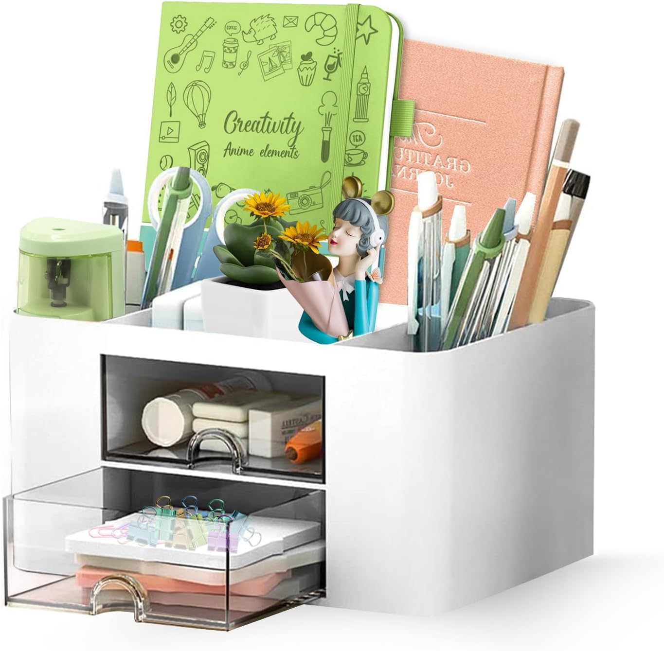 SHUTTLE ART Modern Desk Storage Organizer Box with 2 Drawers –Stackable Desk Organizer with Pen Holder and 5 Compartments – Perfect for Office, Home, School, Art Supplies, Crafts, and Stationery(Blue)