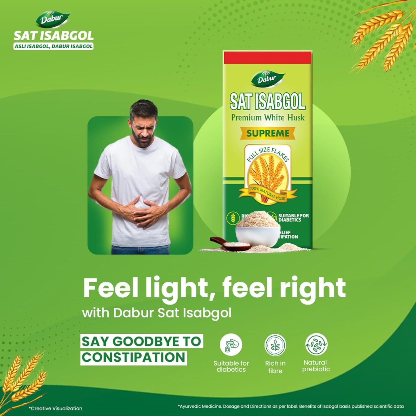 Dabur Sat Isabgol (Psyllium Husk) - 180g | Rich in Fiber | Provides Effective Relief from Constipation & Bloating | Promotes Bowel Health | Non-Habit Forming | 100% Ayurvedic, Powder