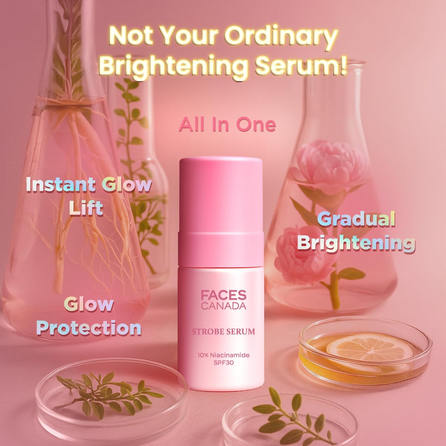 FACES CANADA Strobe Serum - 27ml | Brigtening Serum + Strobe Cream + SPF 30 Sunscreen | 10% Niacinamide | Removes Dark Spots & Hyperpigmentation | GlowLift Complex | Instant Glow