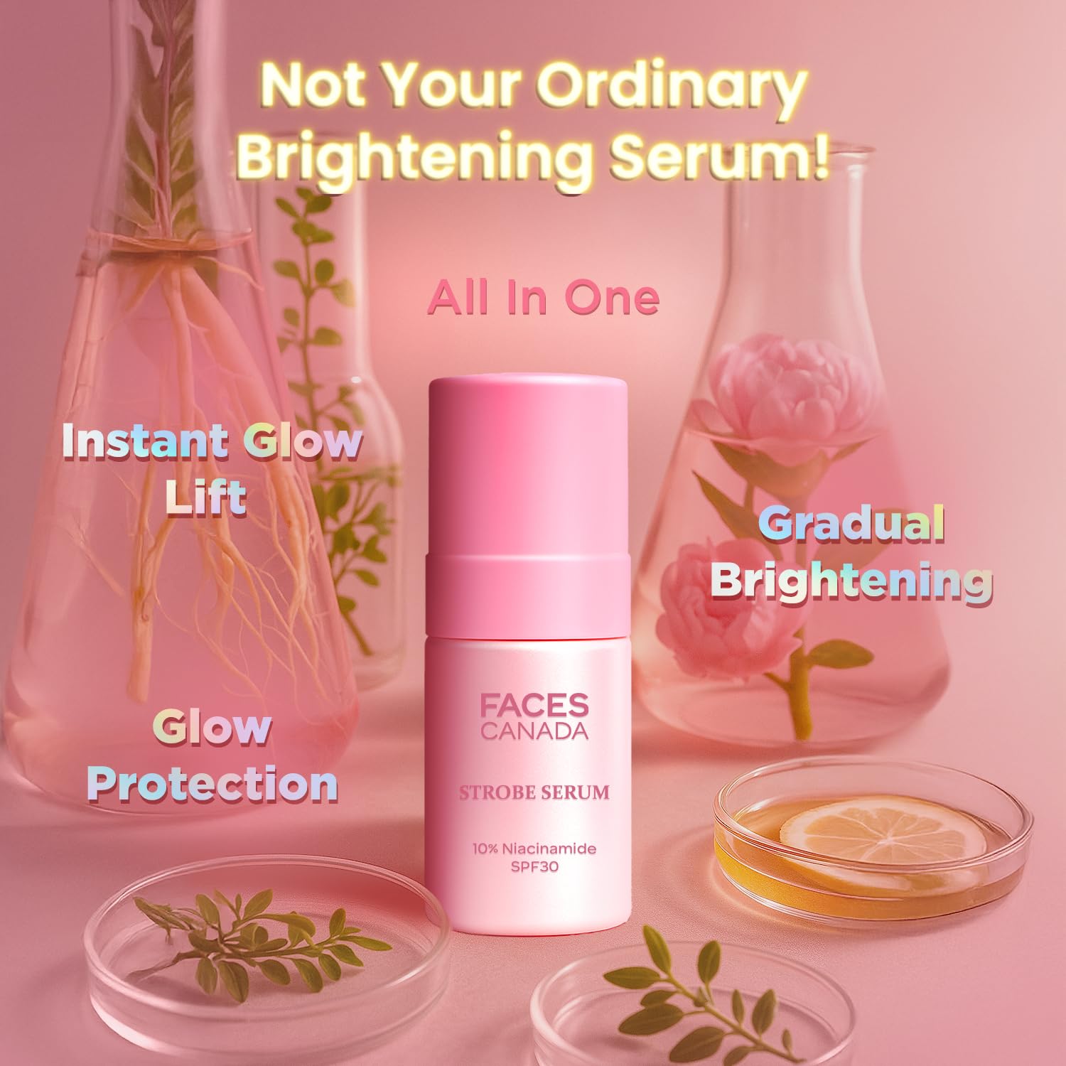 FACES CANADA Strobe Serum - 27ml | Brigtening Serum + Strobe Cream + SPF 30 Sunscreen | 10% Niacinamide | Removes Dark Spots & Hyperpigmentation | GlowLift Complex | Instant Glow