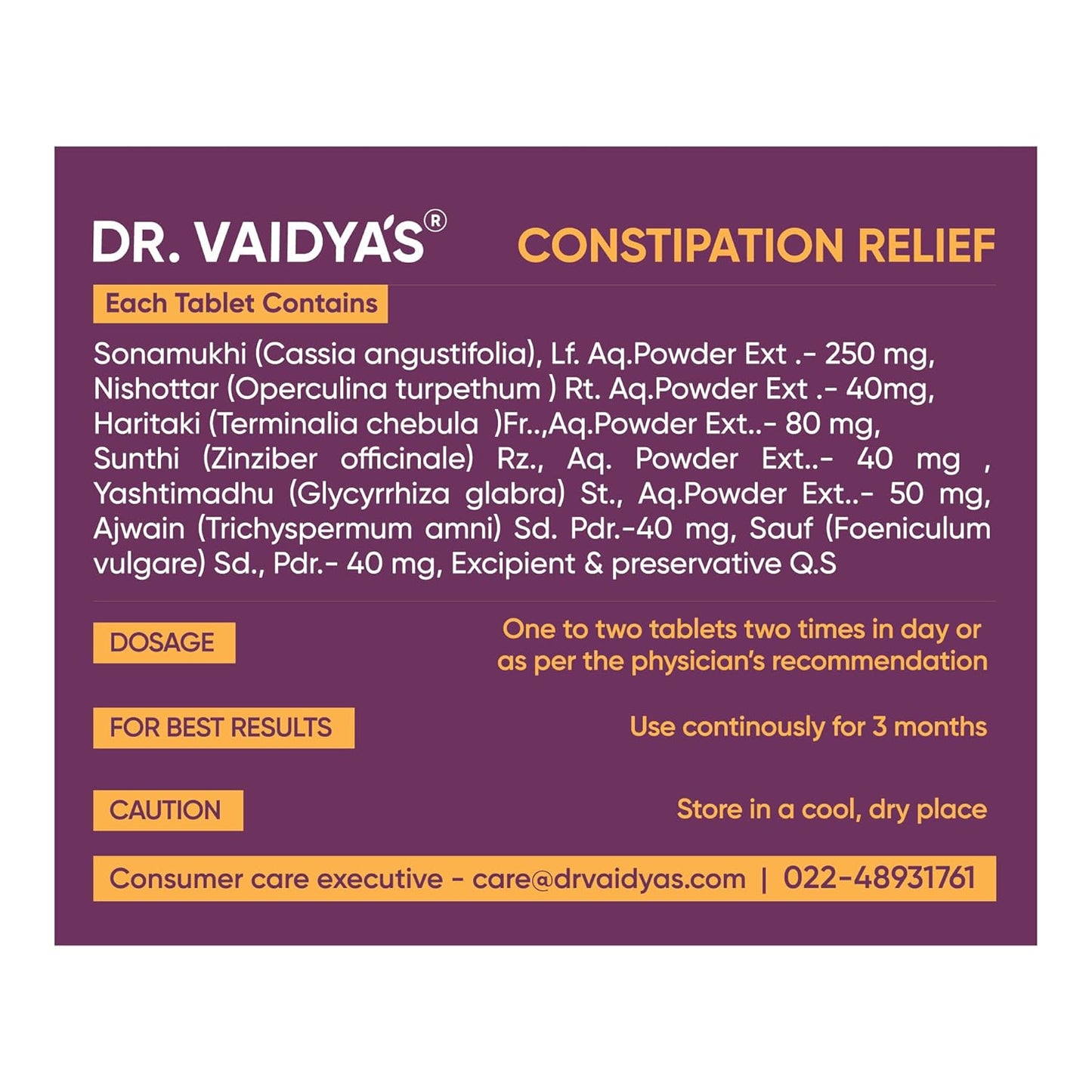 Dr. Vaidya's Ayurvedic Constipation Relief Tablets - 60 Count