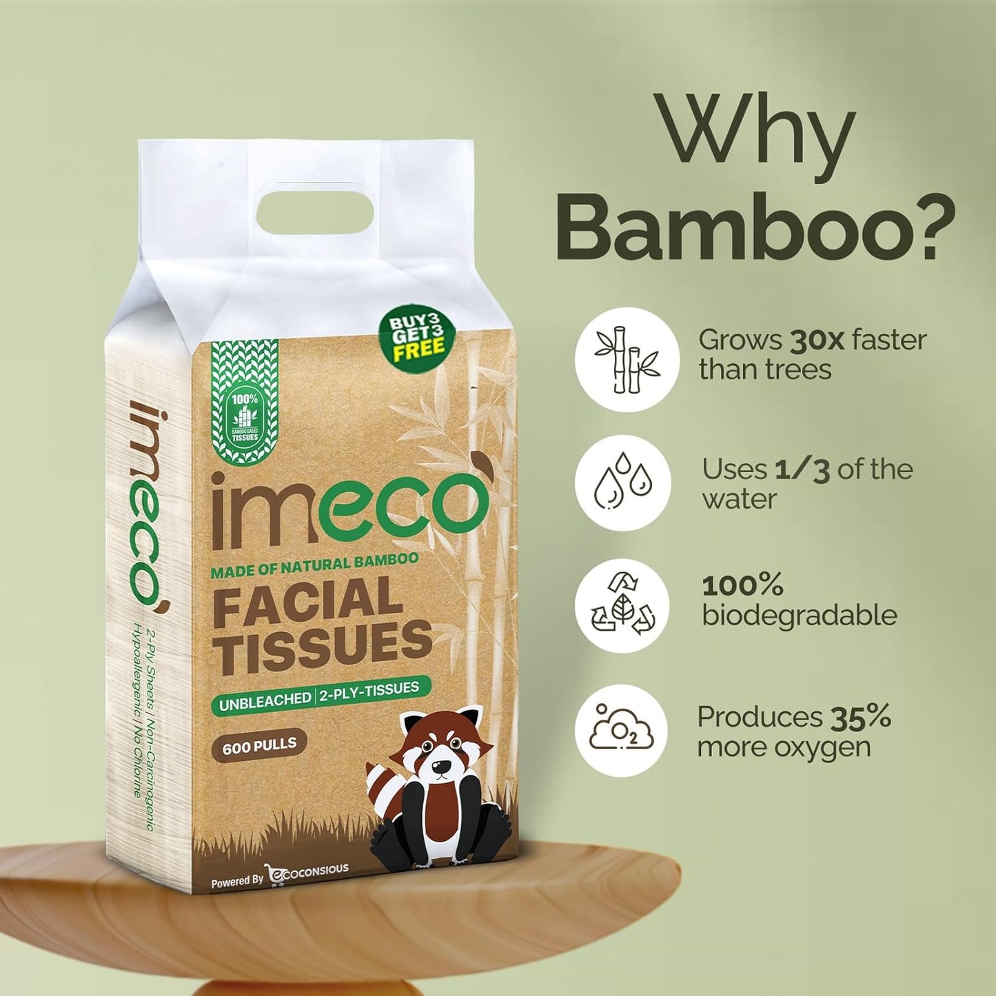 IMECO Bamboo Facial Tissues 600 Pulls 2-Ply Soft Eco-Friendly Pack of 6