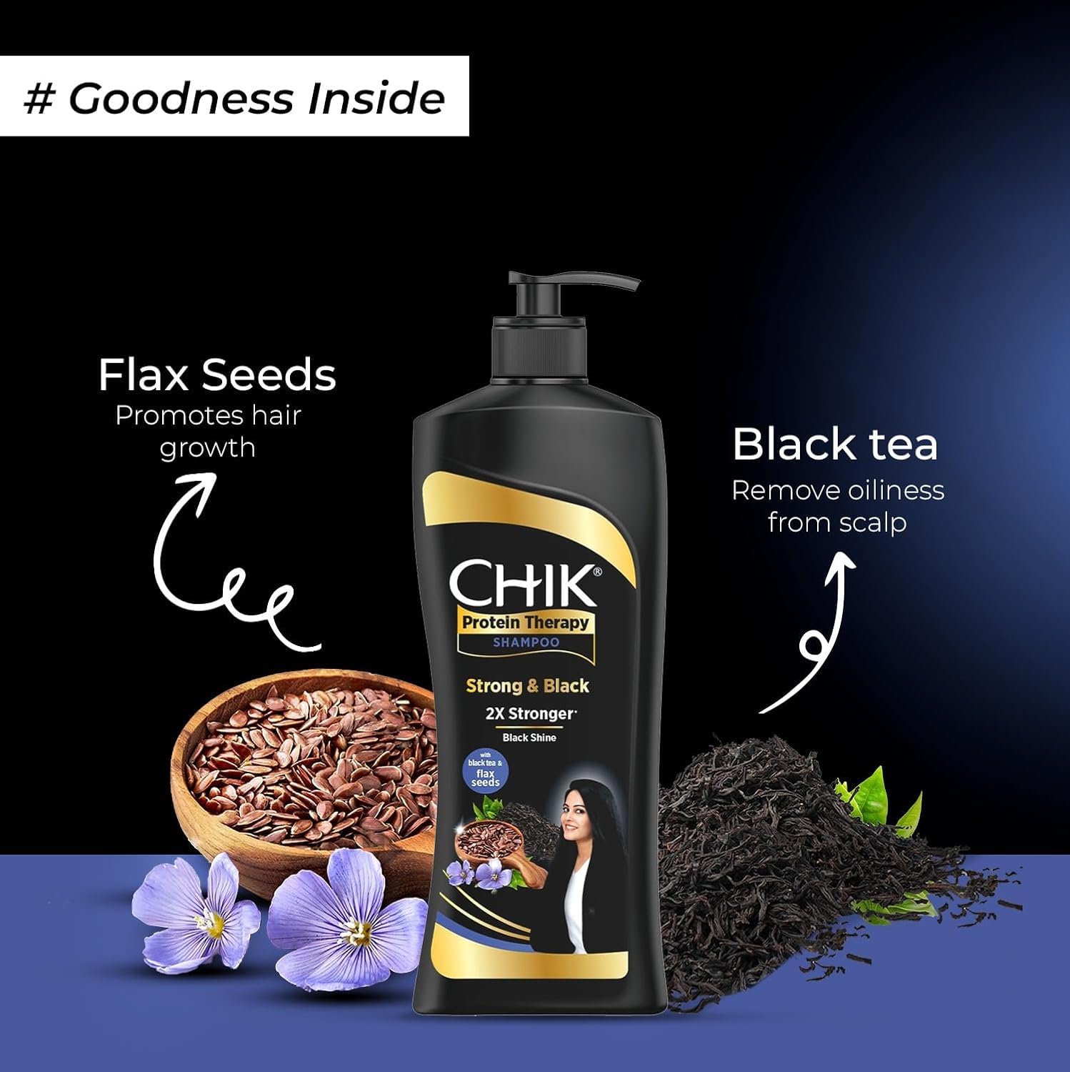 Chik Protein Therapy Shampoo |For 2X Stronger & Black Hair |With the Goodness Of Flax Seeds & Black Tea | 340ml