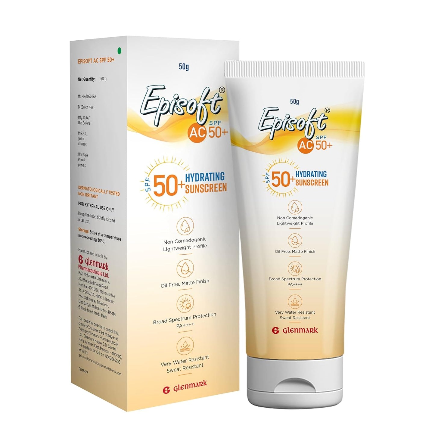 Episoft AC SPF 50 + sunscreen | Maximum Hydration | Protection against both UV-A/UV-B, Water and Sweat Resistance | Lightweight | With anti-aging benefits | For all Skin Types | No white cast | 50 G