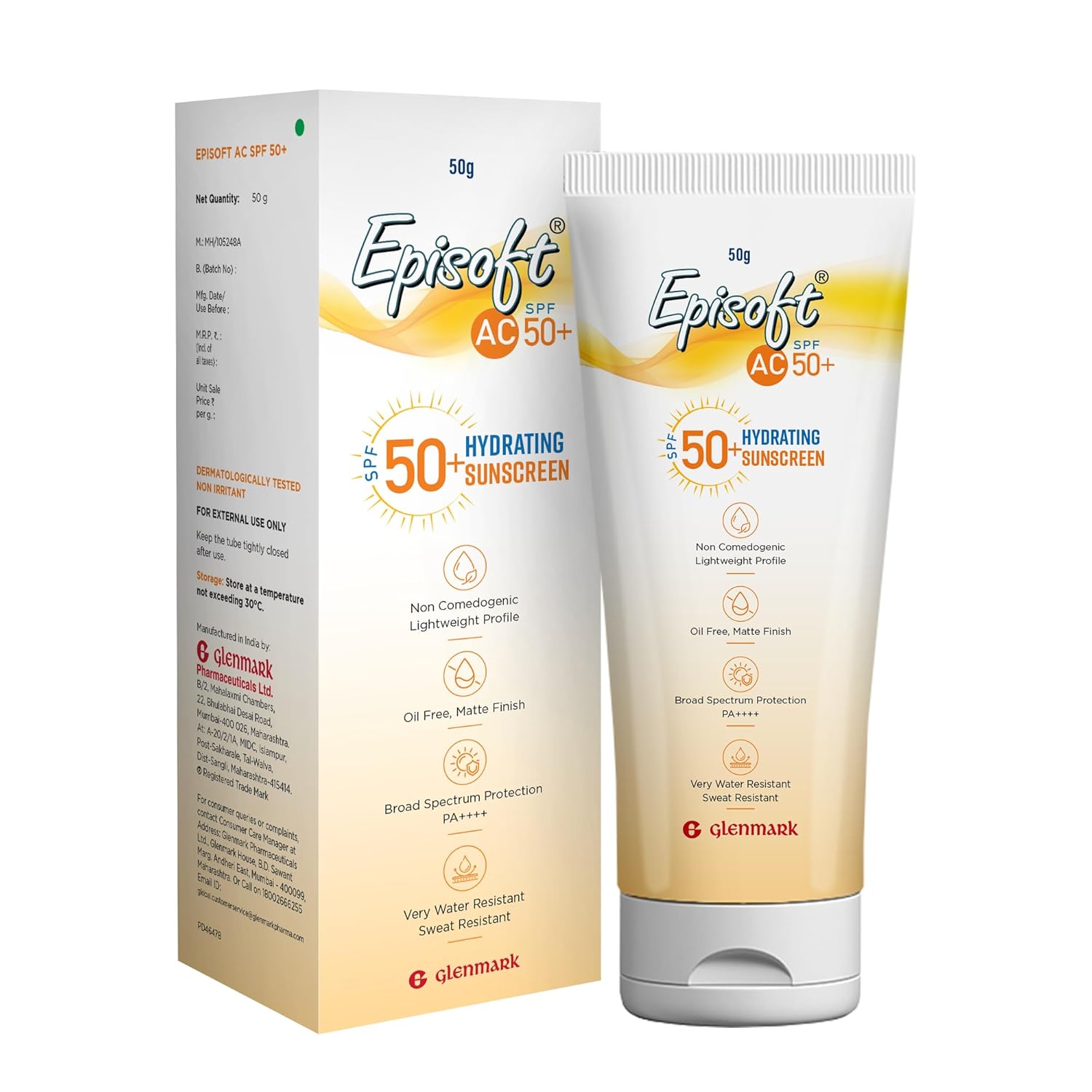 Episoft AC SPF 50 + sunscreen | Maximum Hydration | Protection against both UV-A/UV-B, Water and Sweat Resistance | Lightweight | With anti-aging benefits | For all Skin Types | No white cast | 50 G