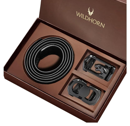 WildHorn Men’s Leather Belt Gift Set | Genuine Leather belt Strap with 2 Interchangeable Buckles (Black & Gold) | Formal & Casual Wear Adjustable Belt | Automatic lock leather belt for men