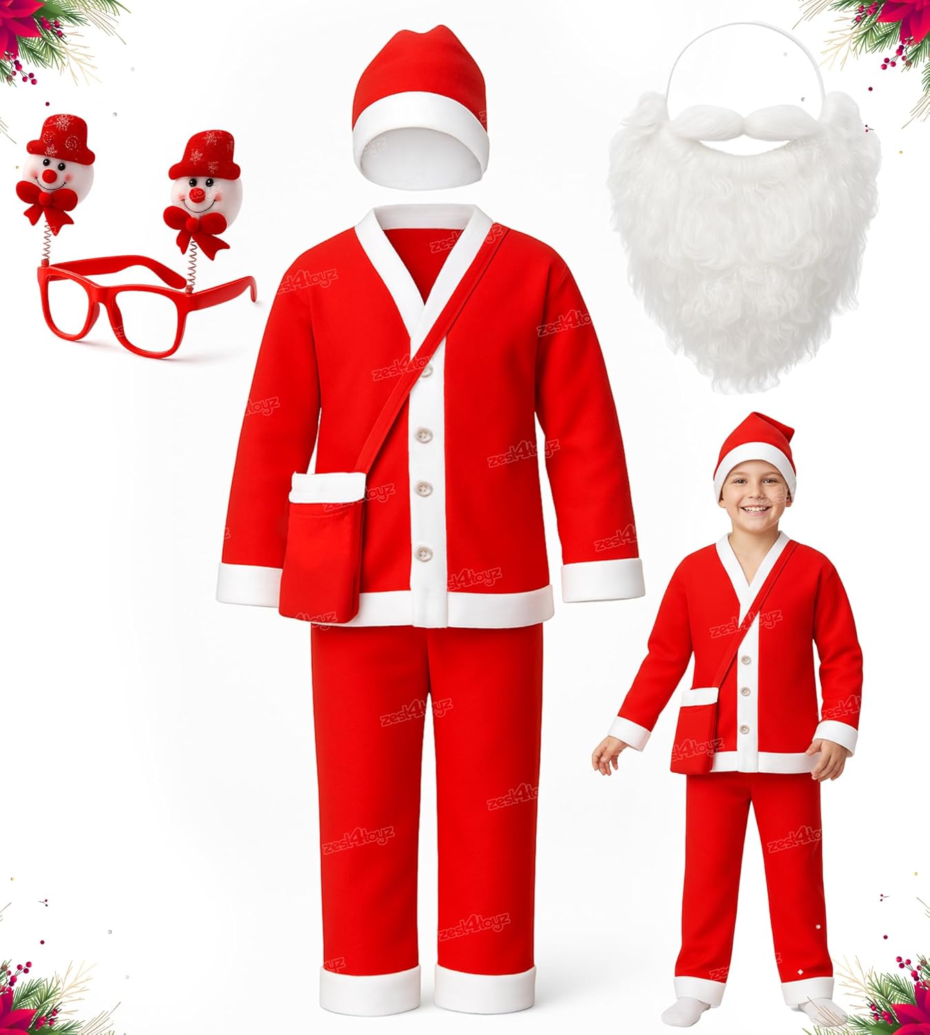Kids Santa Claus Costume Set with Jacket, Pants, Cap, Goggles, Beard, Pouch