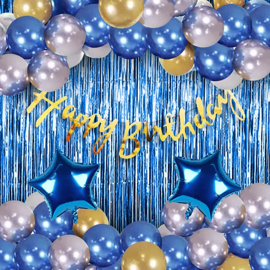 Party Propz Happy Birthday Decoration Kit For Boys- 44 Pcs,Happy Birthday Banner, Fringe Curtains, Balloons for Birthday, Foil Balloons, Baby Birthday Decoration Items Blue Combo