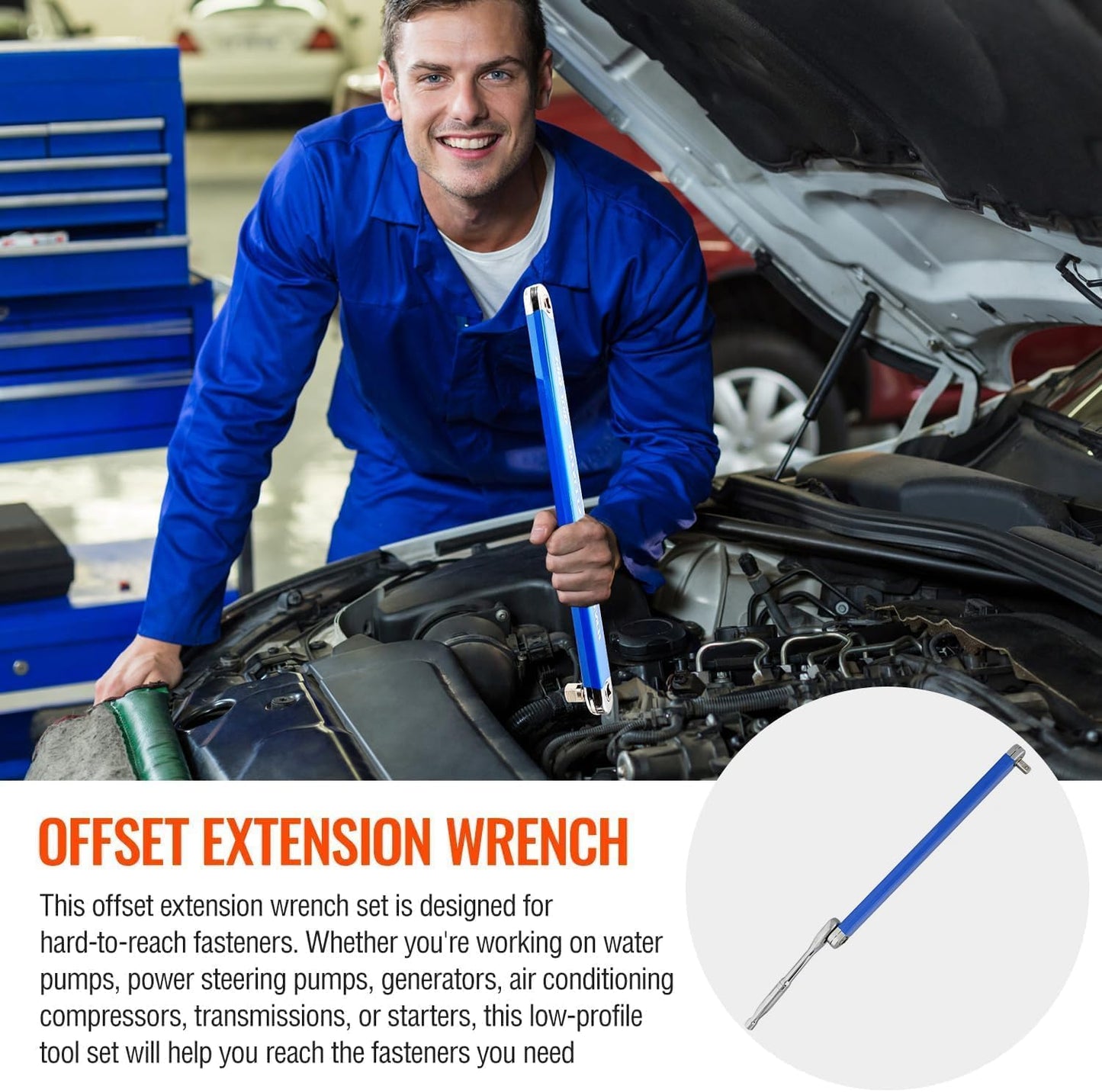 PAGALY Offset Extension Wrench, 15-Inch Offset Impact-Ready Socket Wrench Tool with 1/2", 1/4" and 3/8" Square Drive Adapters, Zero Degree Ratchet Tool for Car (CHAIN WRENCH)