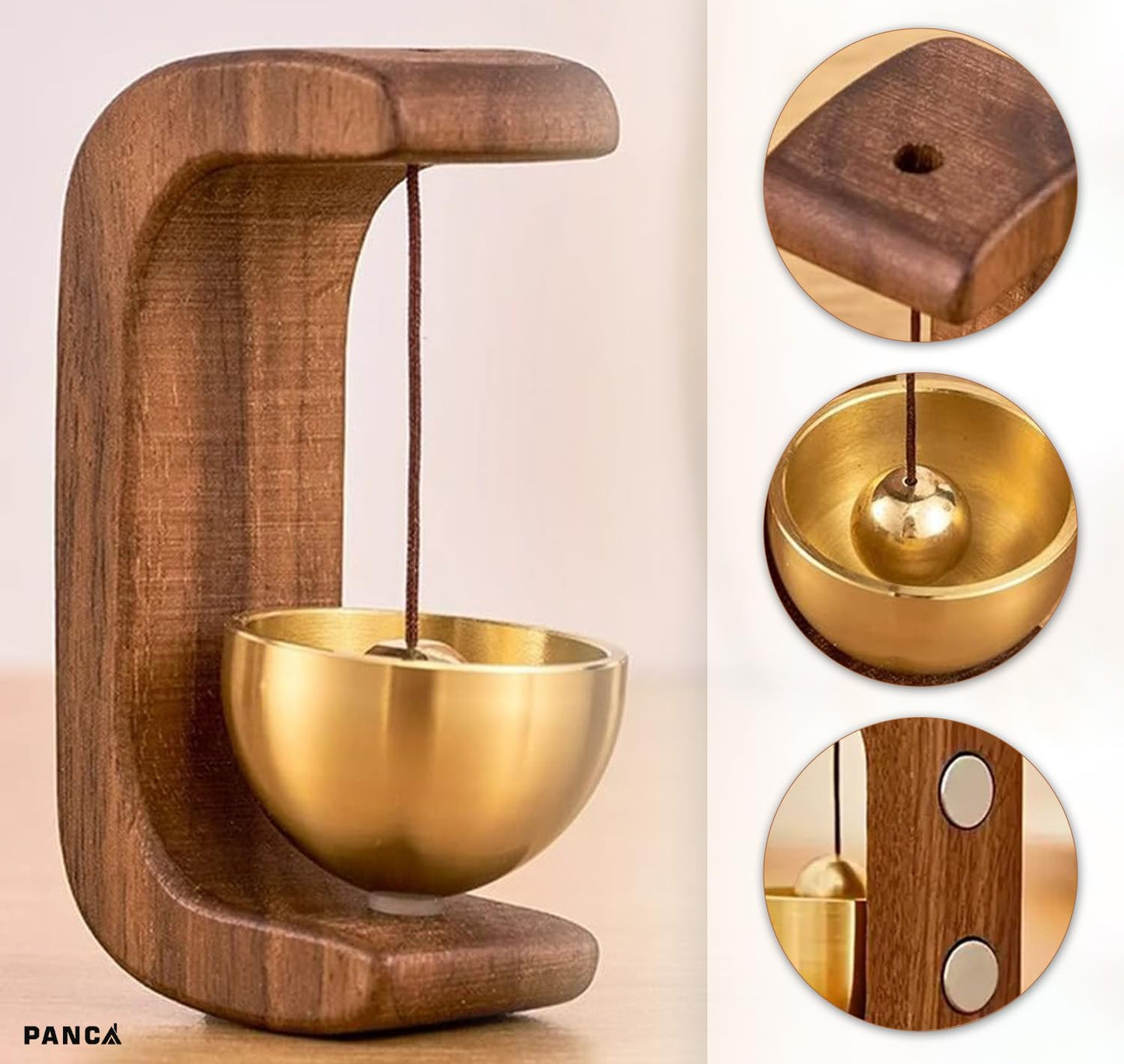 Magnetic Wooden Table Bell with Brass Bowl – Elegant Minimalist Door Bell for Home, Office, Meditation, Desk Décor, Mindfulness Ritual, Entry Alert & Spiritual Gift