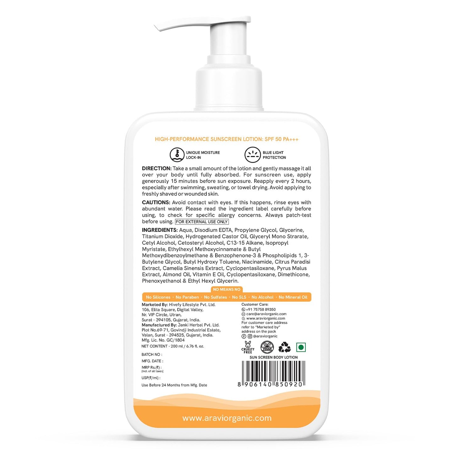 Aravi SPF 50 Oil-Free Sunscreen Lotion 200ml - Lightweight, No White Cast