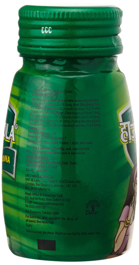 Dabur Hajmola : 100% Ayurvedic Tasty Digestive Tablets for Improved Digestion and Relief from flatulence , Pudina flavour-120 tabs