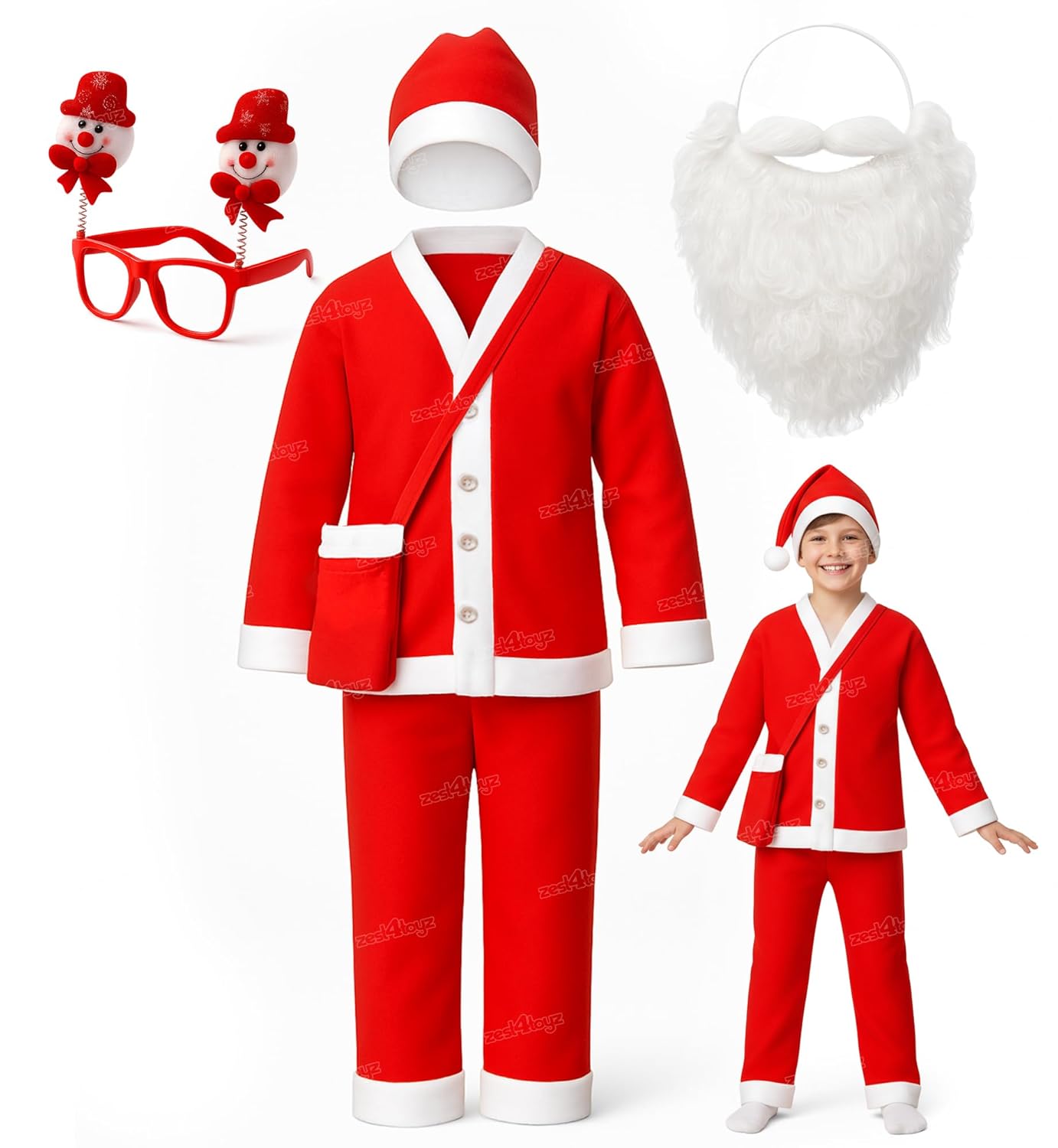 Kids Santa Claus Costume Set with Jacket, Pants, Cap, Goggles, Beard, Pouch