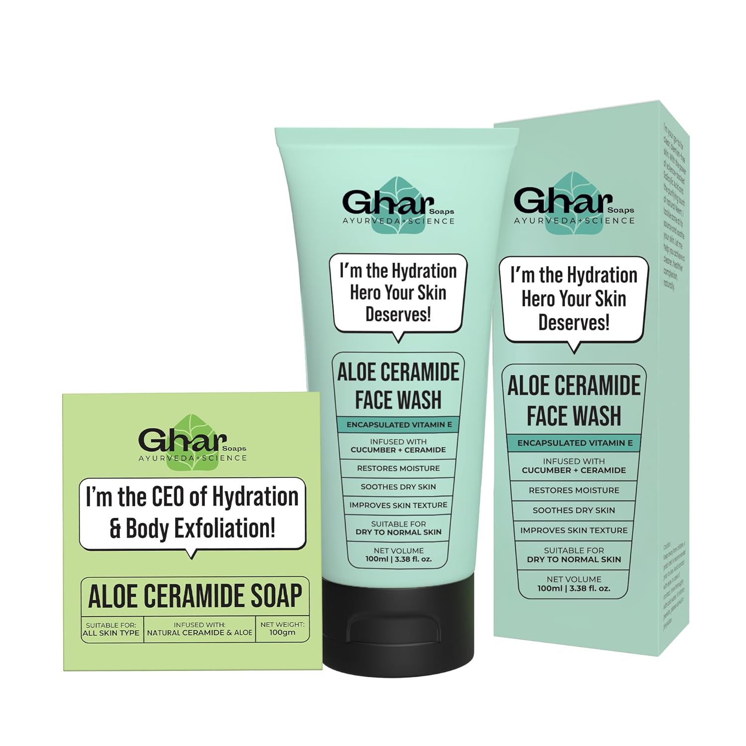 Gharsoaps Aloe-Ceramide Face Wash for Dry to Normal Skin | Hydration Hero with Ceramides, Cucumber & Vitamin E | Soothing & Moisturizing Cleanser | 100ml