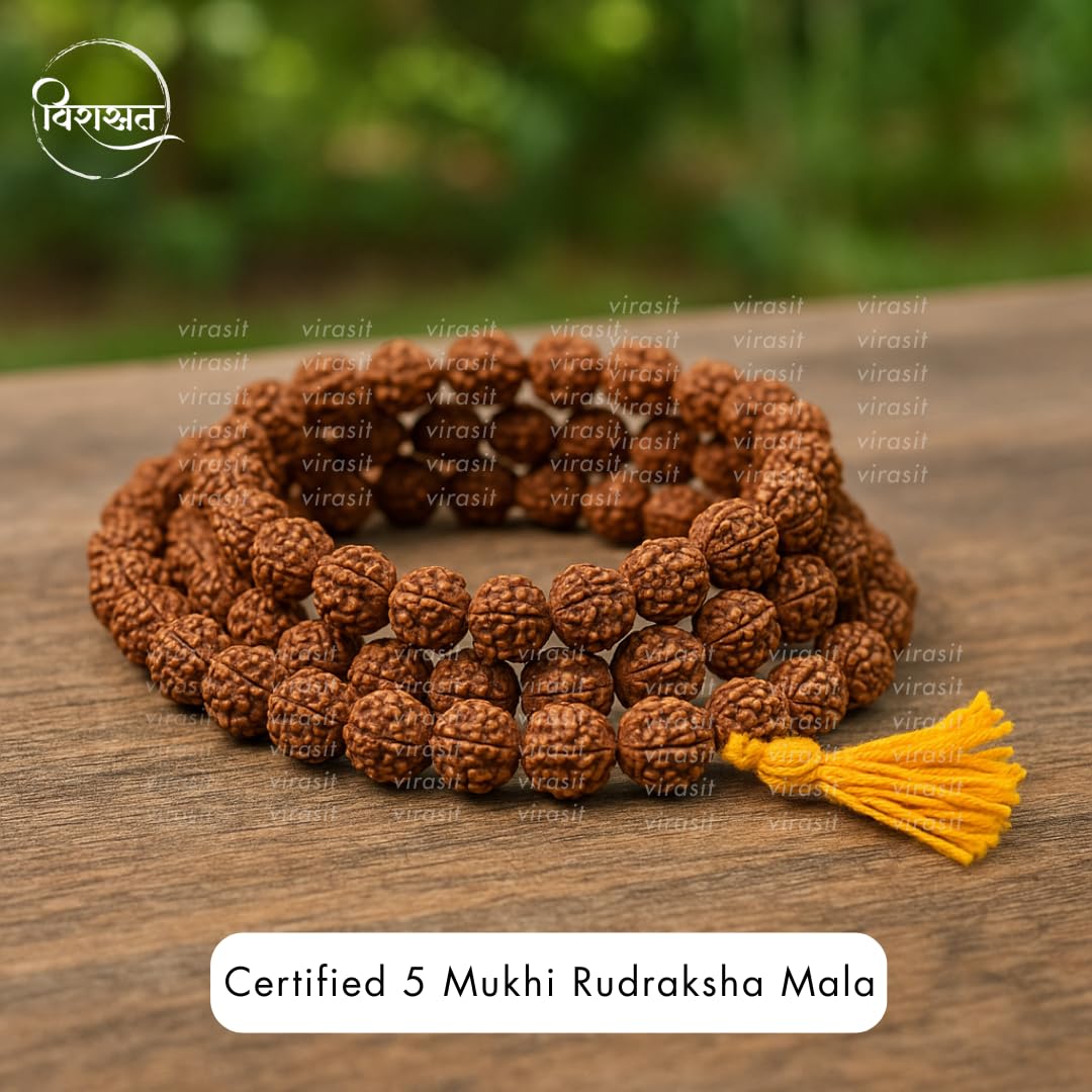 Virasit 5 Mukhi Rudraksha Mala 108 Beads Original Certified | Natural Panchmukhi Rudraksha Japa Mala for Men & Women | Jaap Mala for Meditation, Shiv Puja, Yoga, Prayer, Chanting | 6mm Size