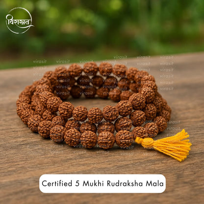 Virasit 5 Mukhi Rudraksha Mala 108 Beads Original Certified | Natural Panchmukhi Rudraksha Japa Mala for Men & Women | Jaap Mala for Meditation, Shiv Puja, Yoga, Prayer, Chanting | 6mm Size