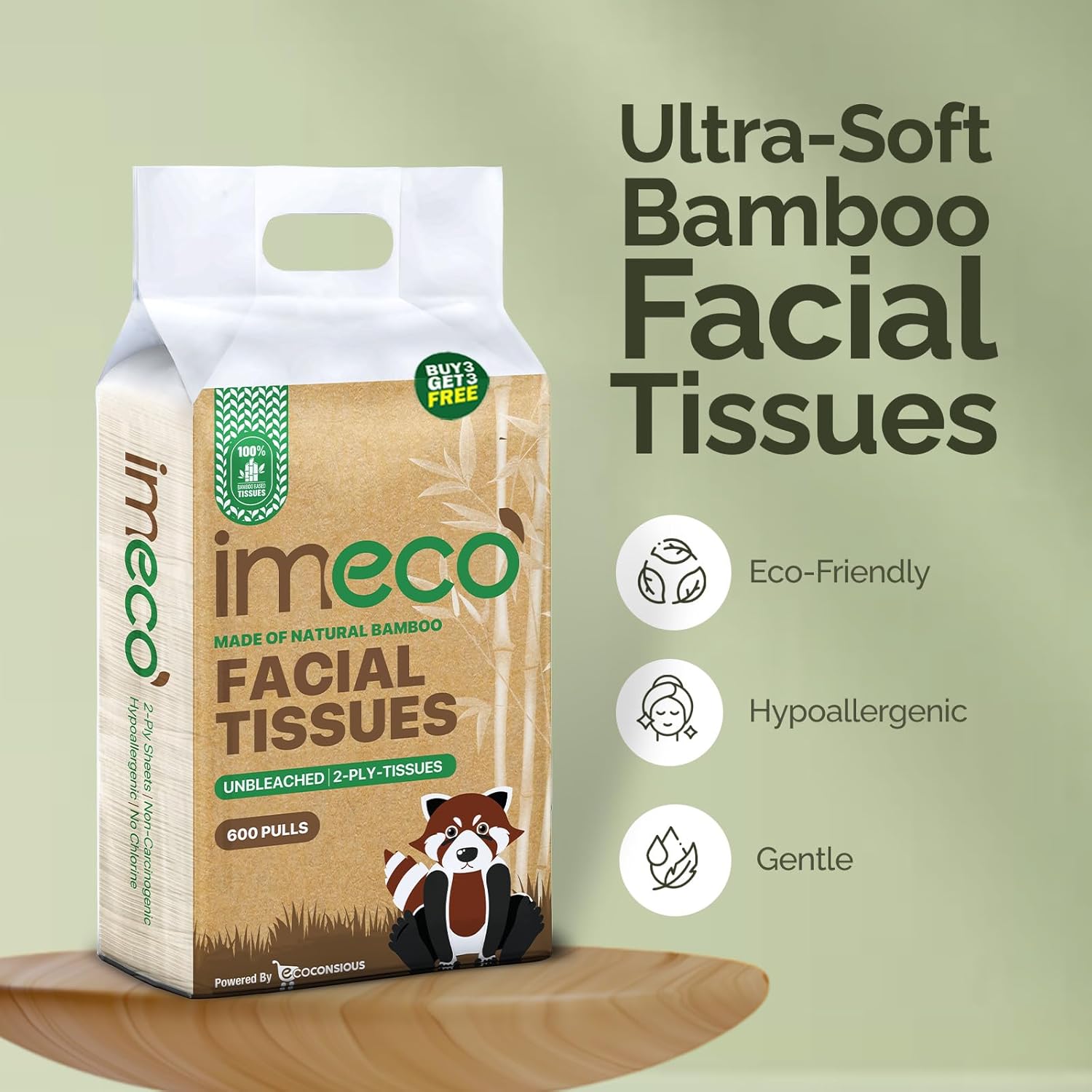 IMECO Bamboo Facial Tissues 600 Pulls 2-Ply Soft Eco-Friendly Pack of 6