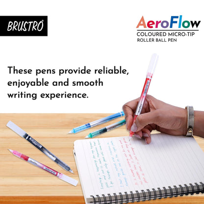 BRUSTRO AeroFlow Coloured Micro-Tip Roller Ball Pen | Tip size - 0.5 mm - Set of 8 |Leakproof, Quick Dry, Acid-Free, Non-Toxic,Fade Resistant,Ideal for Drawing,Doodling, Office, Stationery, School use