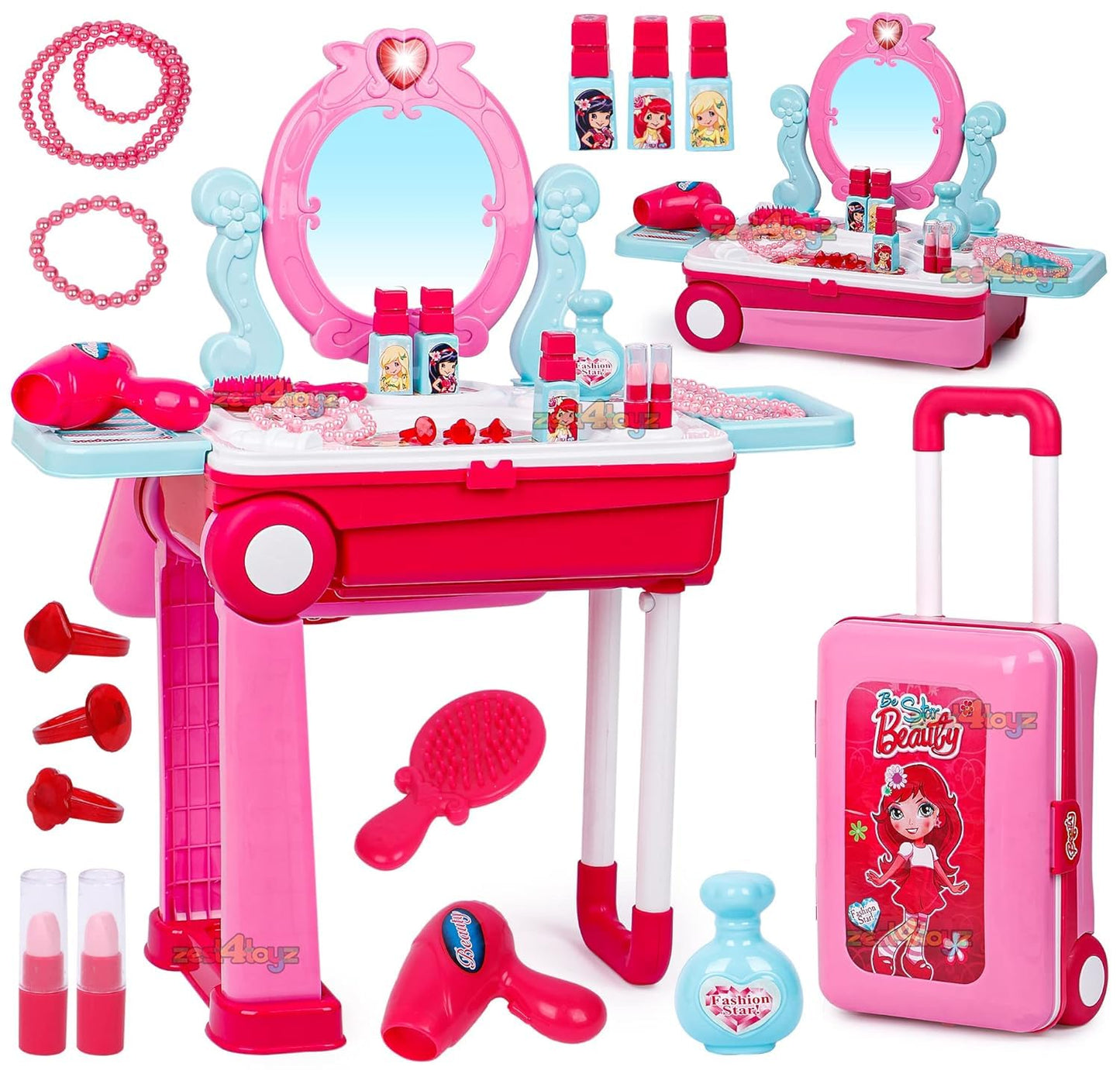 Zest 4 Toyz Beauty Makeup Kit for Doll Girls Cosmetic Set 2 in 1 Vanity Table Portable Trolley Pretend Play Set Toy with Make up Accessories for Kids Plastic (Pink) 21 Pieces Beauty Set_A