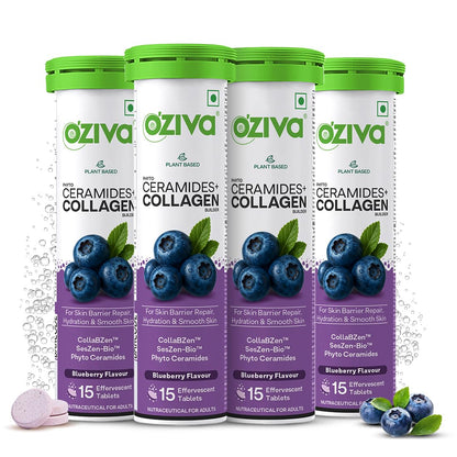 OZiva Phyto Ceramides+ Collagen Builder | For Mositure Retention, Barrier Repair & Hydration Boost | With Suran Extracts, CollabZen & SesZen-Bio | Blueberry Flavour