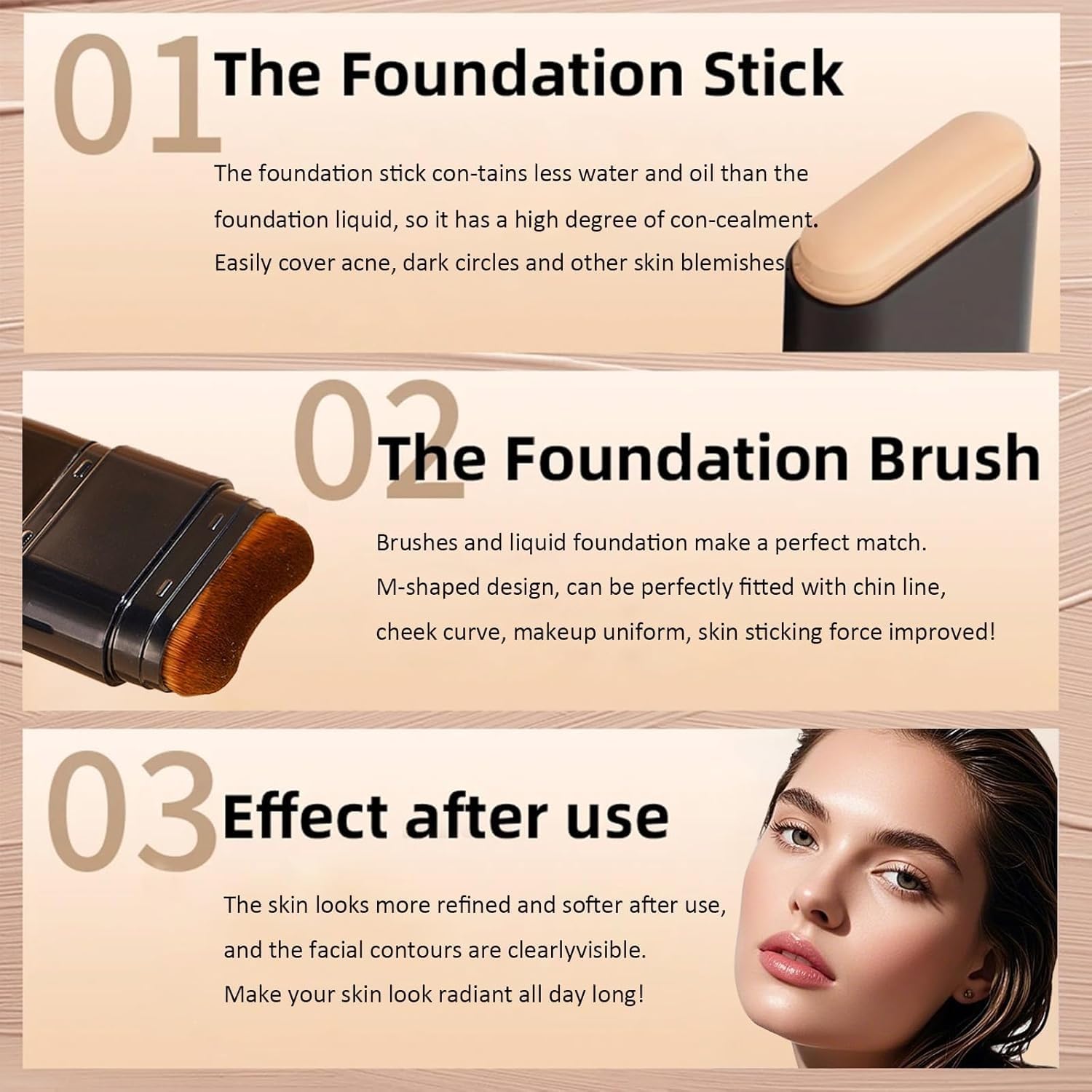BUY3X Anti-Wrinkle Foundation Stick with Brush, Waterproof & Long-Lasting