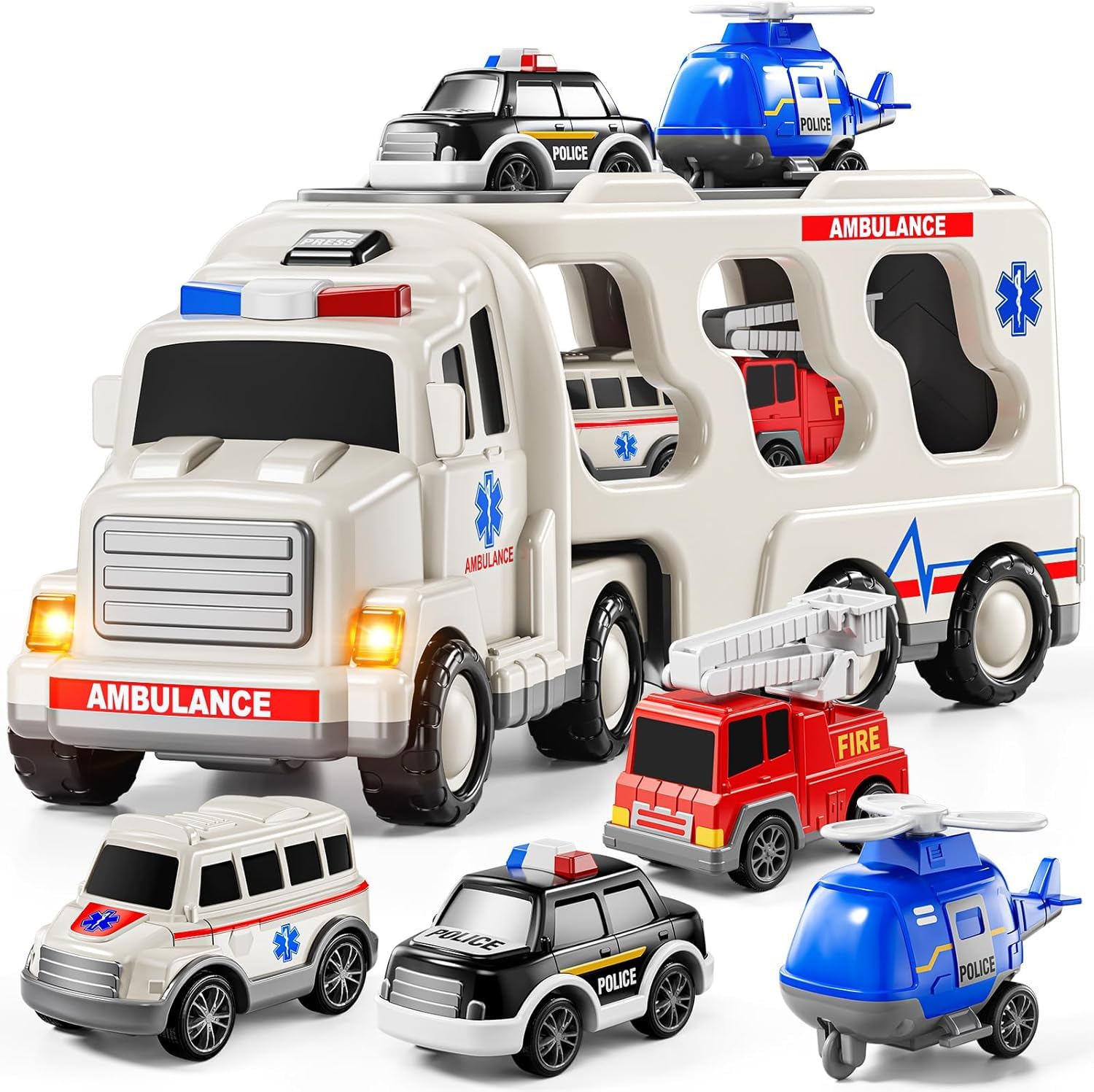 Mini Explorer 5 in 1 Police Trucks Boy Toys for 3-5 Year Old Toddlers - Toys for 3 4 5 6 7 Years Old Transport Vehicle Carrier Truck Sets Kids Boys & Girls