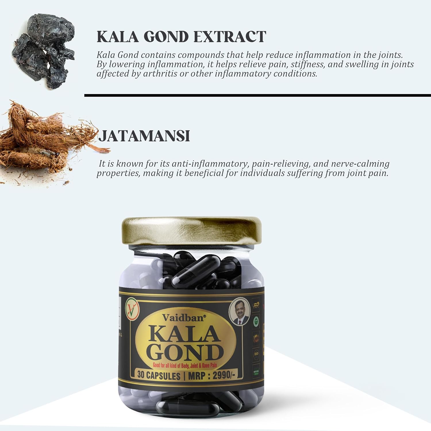 Vaidban Kala Gond Capsule - Instant Ayurvedic Pain Relief Capsule | Pack of 30