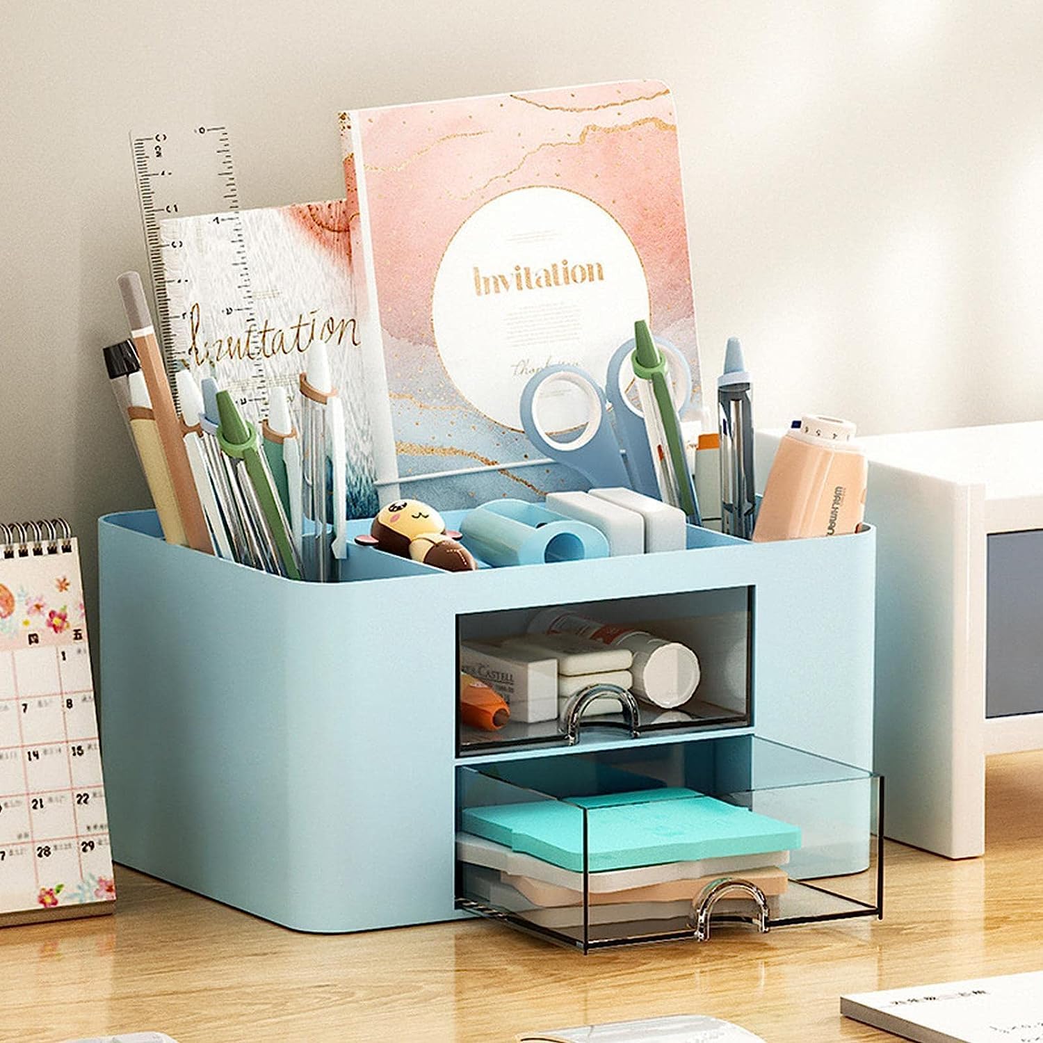SHUTTLE ART Modern Desk Storage Organizer Box with 2 Drawers –Stackable Desk Organizer with Pen Holder and 5 Compartments – Perfect for Office, Home, School, Art Supplies, Crafts, and Stationery(Blue)