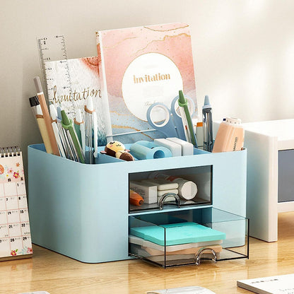 SHUTTLE ART Modern Desk Storage Organizer Box with 2 Drawers –Stackable Desk Organizer with Pen Holder and 5 Compartments – Perfect for Office, Home, School, Art Supplies, Crafts, and Stationery(Blue)