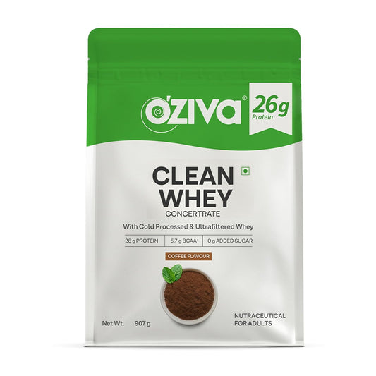 OZiva Clean Whey Coffee Protein Powder, 2 lbs (907g) | 26g Protein per scoop | 100% Cold-Processed, Microfiltered for Better Absorption | Supports Muscle Recovery
