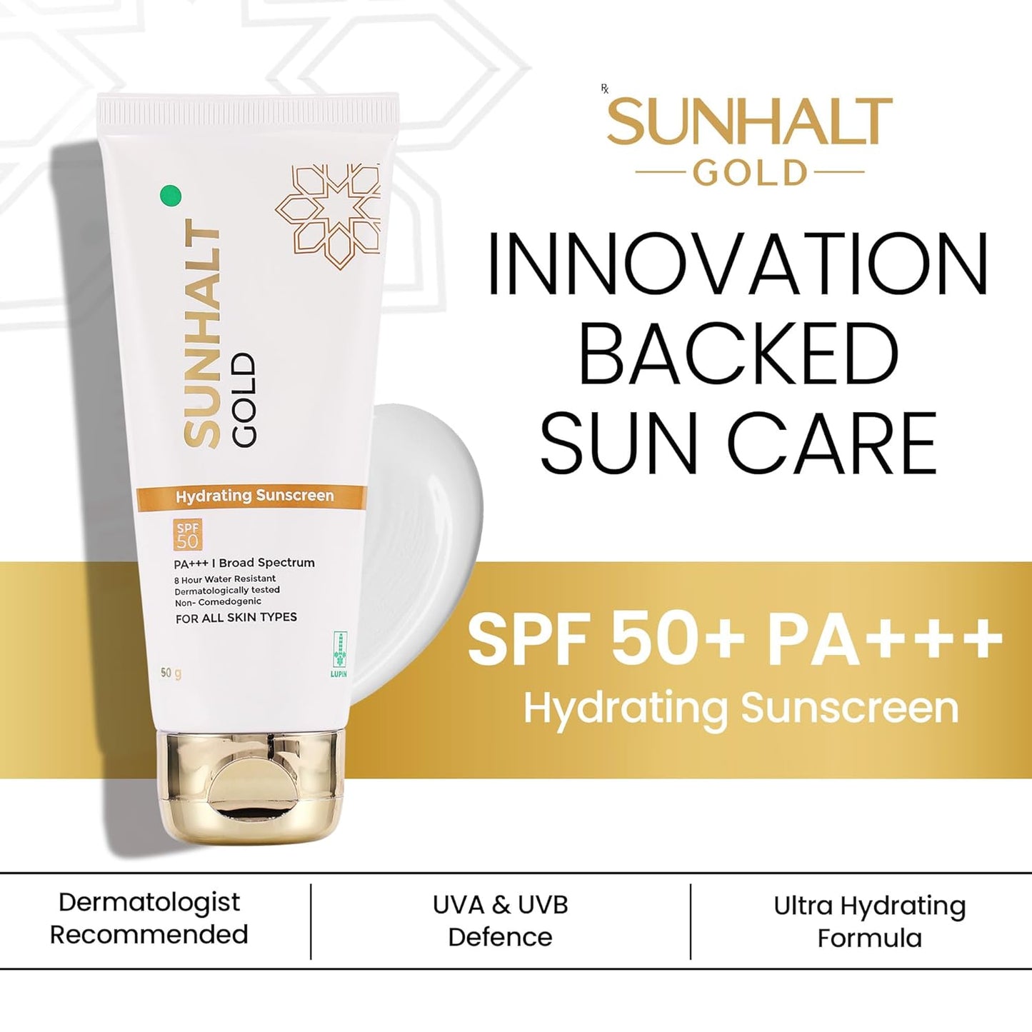 GOLD Sunscreen SPF 50 PA+++ for UV Broad Spectrum Protection, Hydrating Gel With Aloe Vera, No White Cast, Water Resistant, Dermatologically Tested, For Men and Women, All Skin Types, 50g.