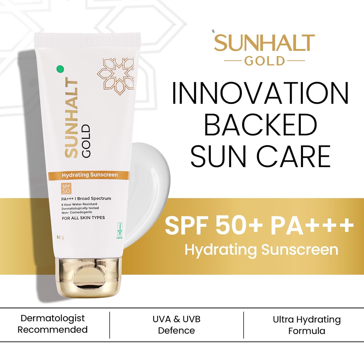 GOLD Sunscreen SPF 50 PA+++ for UV Broad Spectrum Protection, Hydrating Gel With Aloe Vera, No White Cast, Water Resistant, Dermatologically Tested, For Men and Women, All Skin Types, 50g.
