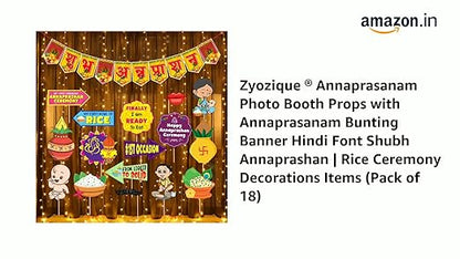 Annaprasanam Photo Booth Props with Annaprasanam Paper Bunting Paper Banner Hindi Font Shubh Annaprashan | Rice Ceremony Decorations Items (Pack of 18)
