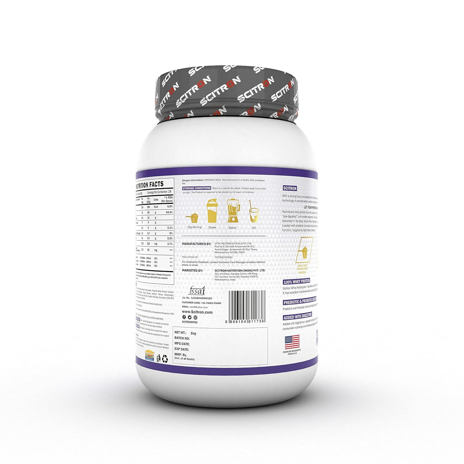 Scitron Whey Hydrolyzed Synbiotic 100% Hydrolyzed Protein Powder Chocolate Flavor